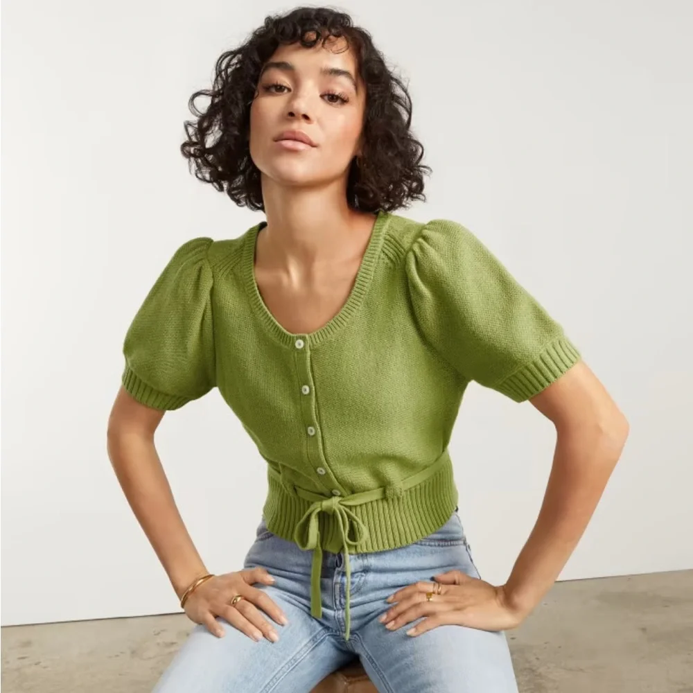 Everlane Green Puff Sleeve Cotton Sweater - Picture 2 of 8